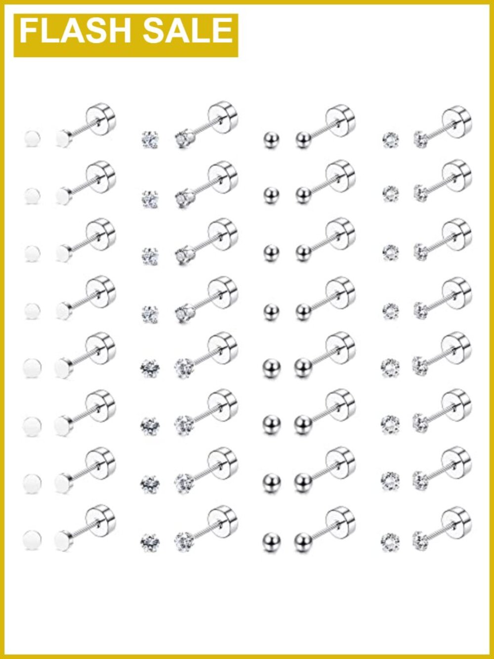16 Pairs Flat Back Stud Earrings Set for Women Men Surgical Steel Hypoallergenic